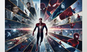 Plakat z filmów o Spider-Manie, z Tomem Hollandem w roli głównej, przedstawia go w różnych strojach i scenach akcji, ukazując jego podróż przez multiwersum.