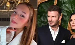 Harper Beckham, David i Victoria Beckham na czerwonym dywanie.