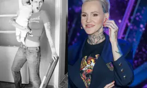 Agnieszka Chylińska z dzieckiem na ręku i w późniejszym czasie na scenie.