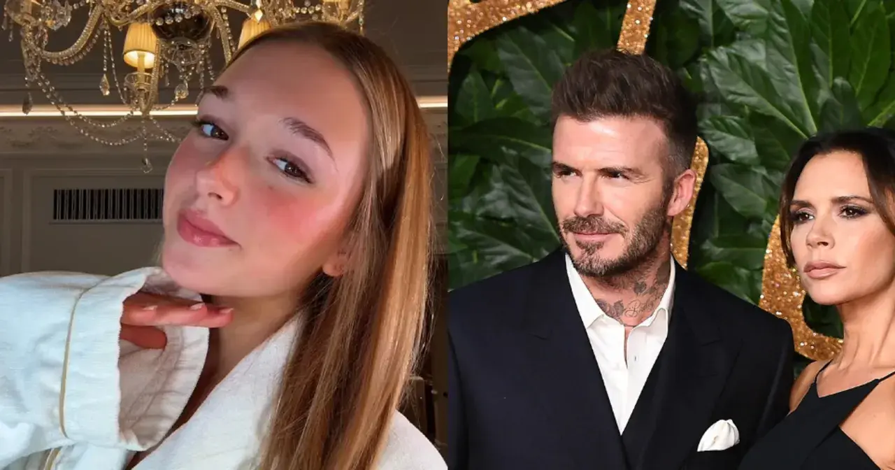 Harper Beckham, David i Victoria Beckham na czerwonym dywanie.