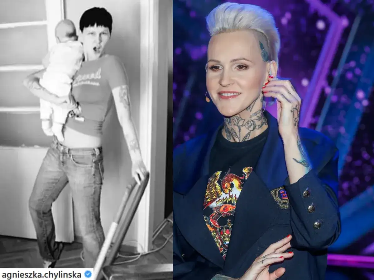 Agnieszka Chylińska z dzieckiem na ręku i w późniejszym czasie na scenie.