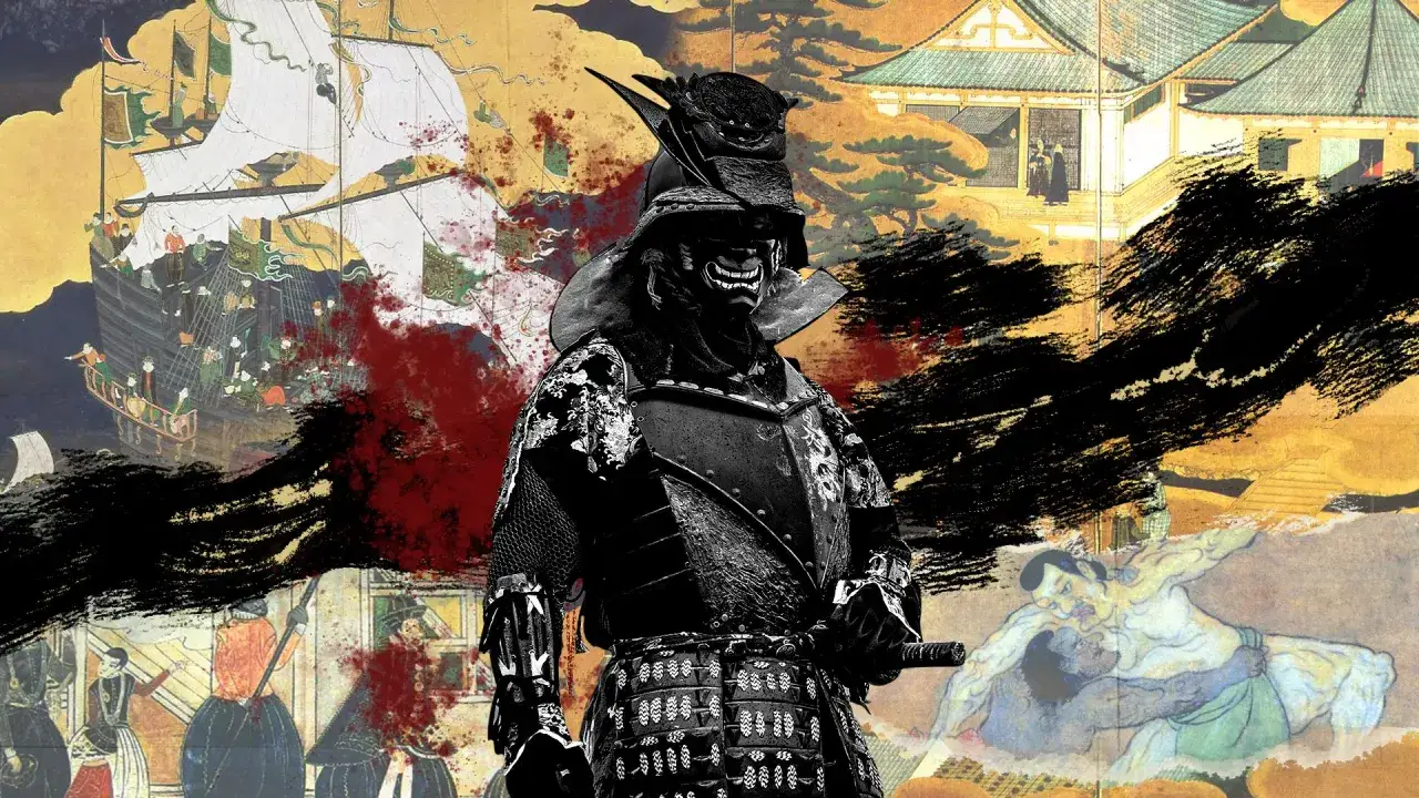 Mroczny samuraj Yasuke w zbroi, na tle bitwy morskiej i japońskich budowli.