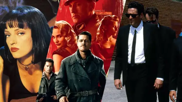 Kolaż postaci z kultowych quentin tarantino filmów: Uma Thurman, Brad Pitt, Christoph Waltz i panowie w czarnych garniturach.