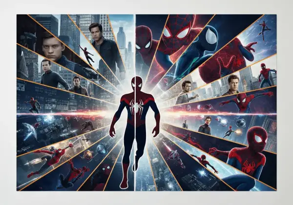 Plakat z filmów o Spider-Manie, z Tomem Hollandem w roli głównej, przedstawia go w różnych strojach i scenach akcji, ukazując jego podróż przez multiwersum.
