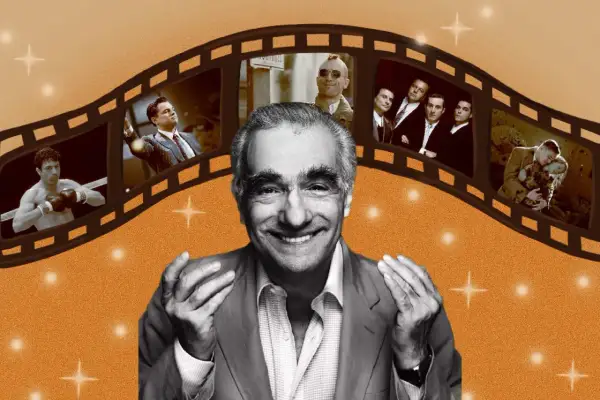 Martin Scorsese, mistrz kina, w kadrze z fragmentami swoich filmów: od boksera po gangsterskie historie.