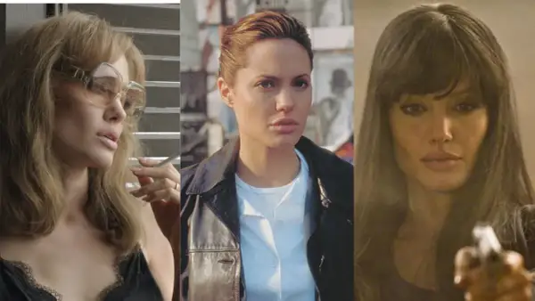 Kolaż zdjęć z filmów z Angeliną Jolie: w okularach z papierosem, w skórzanej kurtce i z bronią.