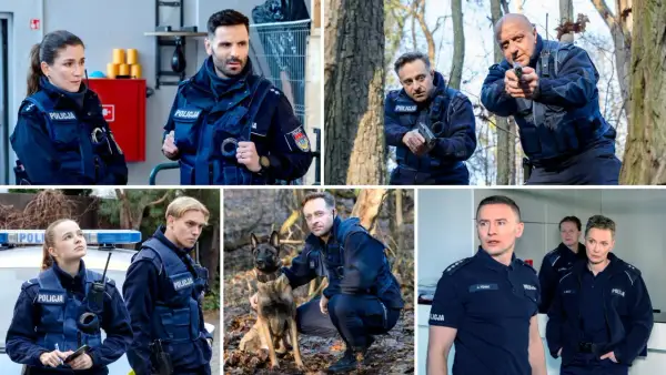 Policjantki i policjanci obsada w akcji. W lesie, w radiowozie i w budynku. Wszyscy w mundurach, gotowi do służby.