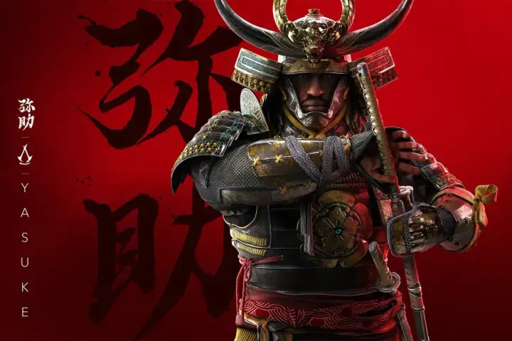 Yasuke, samuraj w zbroi, z kataną w dłoni, na tle czerwonych znaków.
